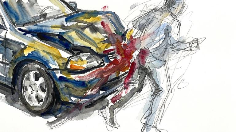 An abstract, flat graphic within comic-style borders. A Honda Civic turns left at an intersection as a pedestrian crosses the street. The scene uses respectful, muted tones.