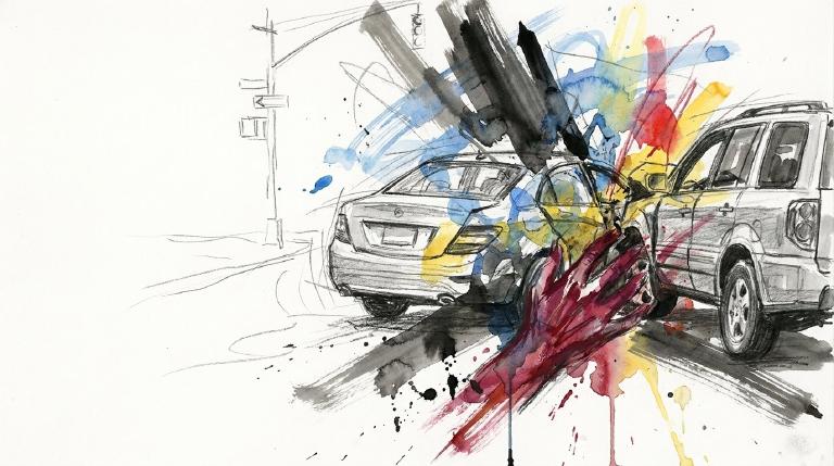 Abstract, flat graphic showing a red car mid-U-turn colliding with a blue car on a road, represented by simple shapes and lines. The illustrative scene, possibly framed by comic-style borders, conveys a traffic incident with clear impact.