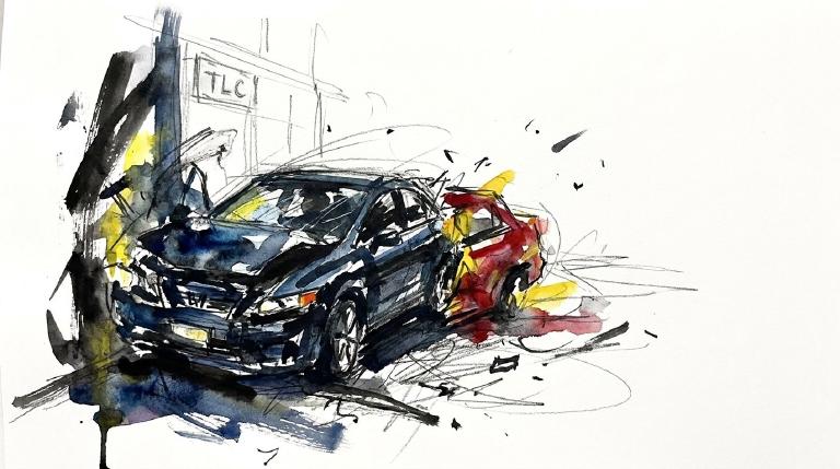 A respectful, abstract flat graphic with comic-style borders shows a black Honda Civic split in two against a building. Scattered debris and a simplified figure on the ground convey a serious, somber scene.