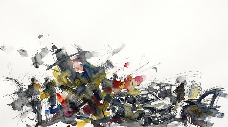 An abstract, flat graphic shows a street intersection within comic-style borders. Muted colors and minimal shapes convey the somber context of a tragic traffic event.