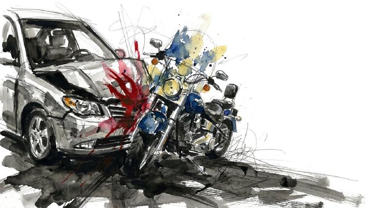 Abstract, flat graphic with comic borders. A motorcycle and a Hyundai are depicted in a head-on collision on a road. An abstract form suggests the motorcyclist was thrown, and another implies the Hyundai driver remained at the scene. Somber, respectf