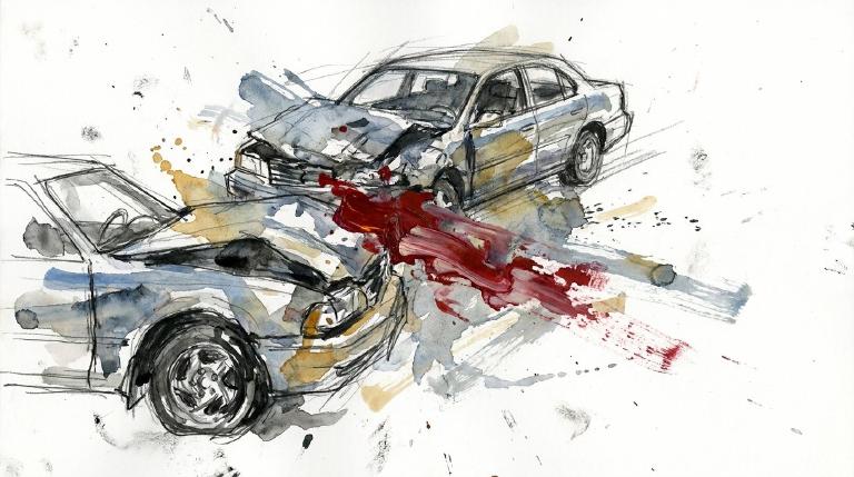 A flat, abstract graphic depicts two minimalist car shapes colliding. Stark impact lines emanate from the point of collision, conveying a sudden and serious accident. The entire scene is framed by a thick, comic-style border.