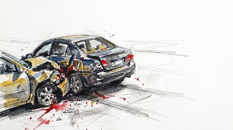 An abstract, flat graphic depicts a light-colored car hitting a dark-colored parked car. Stylized motion lines and impact effects are framed by a bold, comic-style border, illustrating a serious traffic incident.