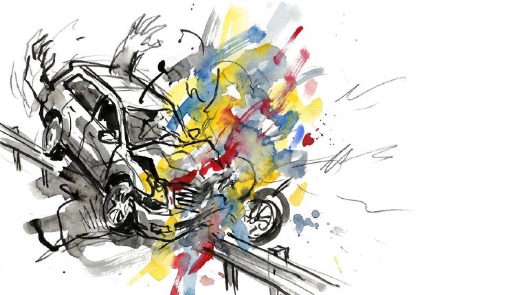 An abstract, flat illustration shows two SUVs on a roadway. One SUV is behind the other, depicting a rear-end collision. Both vehicles are then shown near guardrails, with one SUV overturned. The graphic has a somber, respectful tone.