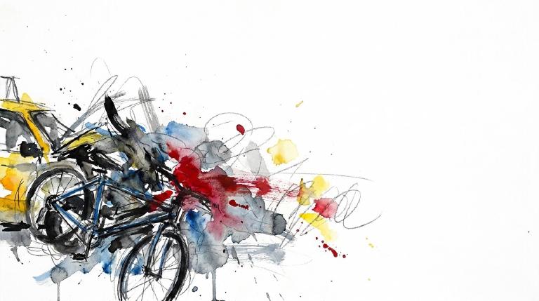 An abstract, flat graphic shows a car's front bumper colliding with a cyclist. Simplified forms represent the car and rider, with lines conveying motion and force. The scene is framed by thick, comic-style borders, creating a stark, impactful visual