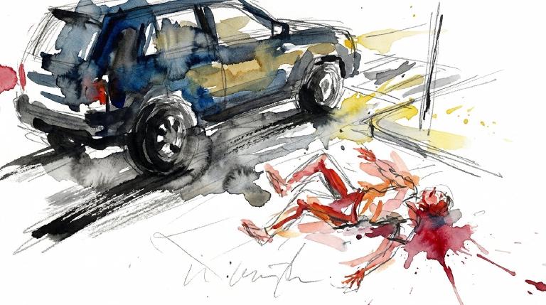 A minimalist, flat graphic, framed by thick comic-style borders. Abstract shapes suggest a street intersection where a small vehicle shape and a figure-like shape appear to collide. The composition is stark and conveys a moment of sudden impact and c