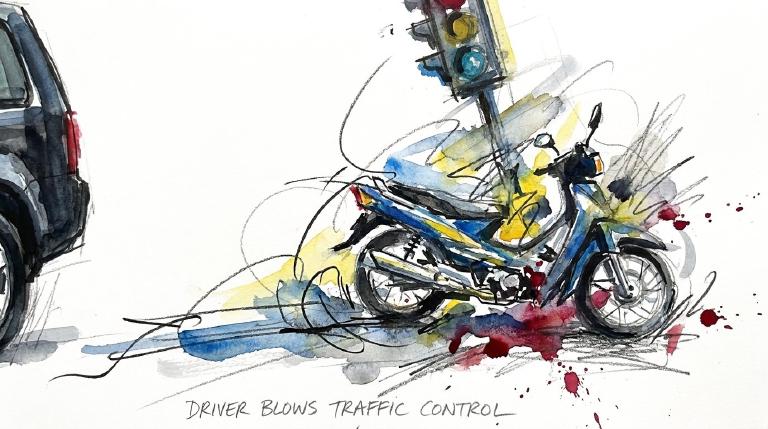 Abstract, flat graphic in a comic-style frame. A stylized moped lies overturned on an asphalt road, with a car nearby. Jagged red lines and fragmented shapes underscore the impact and danger. The overall tone is somber and cautionary.