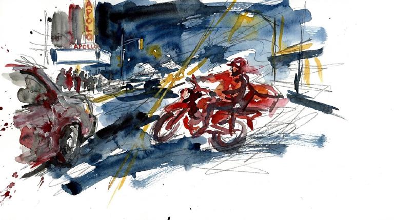 A solemn, abstract graphic with comic-style borders. A red vehicle is shown at high speed, intersecting with a delivery rider, another delivery rider, and other vehicles and people at an urban crossing. The style is flat and respectful.