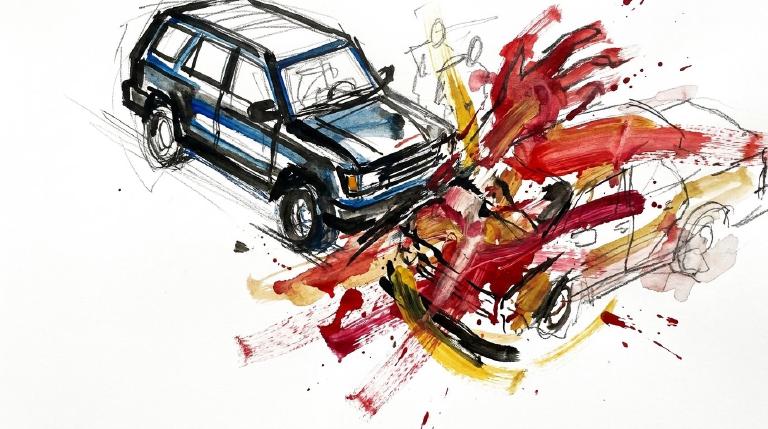 An abstract, flat graphic depicts two simplified vehicles, one impacting the side of the other. The scene is framed by bold, comic-style borders, conveying a stark and serious tone for the collision.