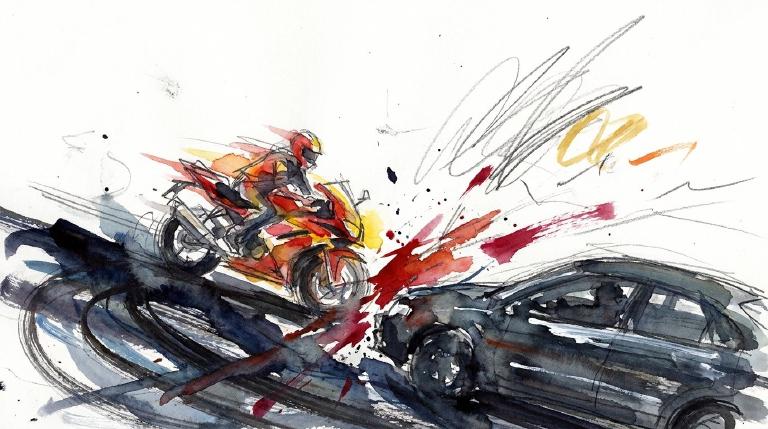 A flat, abstract graphic depicts a light blue car and a red motorcycle on a gray road, with a collision indicated by overlapping shapes. A small, simplified figure lies near the motorcycle. The scene is framed by a thick, dark comic-style border, con