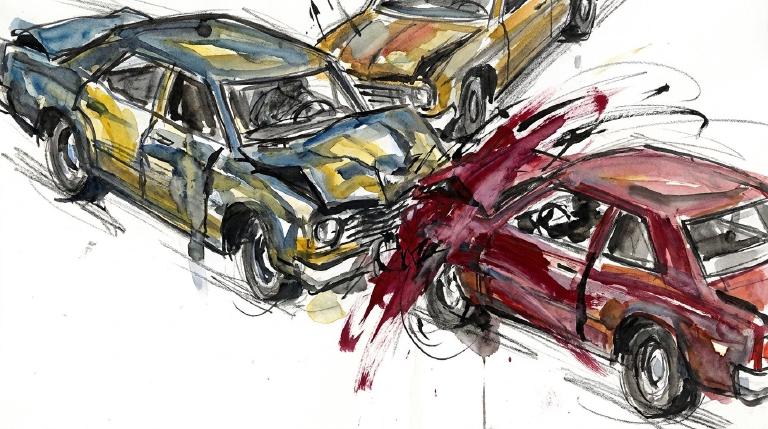 Here are a few options, choose the one that best fits the graphic's exact details:
**Option 1 (General, stark):**
Abstract, flat graphic of two simplified cars in a jarring collision. One car's front has impacted the side of another. Stark lines and