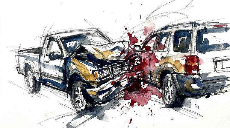 Abstract flat graphic: Two simplified vehicles, like colliding boxes, with a stylized impact burst between them. The bold, comic-panel style, enclosed by thick borders, conveys the jarring force of the collision and its potential for physical injury.