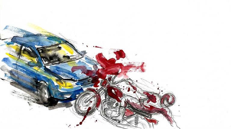 An abstract, flat graphic with comic-style borders. A clear, top-down view shows a sedan turning left towards a motorcycle going straight at an intersection. The simple, direct design conveys the serious nature of the collision.