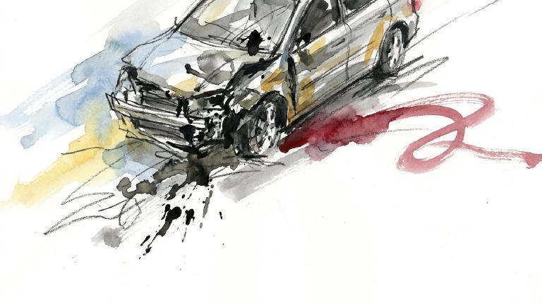 Abstract, flat graphic with clean, comic-style outlines. A motorcycle and a pedestrian, represented by abstract shapes, are shown in close proximity on an exit ramp. The non-graphic scene respectfully depicts an interaction.