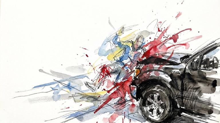 Abstract graphic with comic-style borders. A simple flat icon of a truck faces a pedestrian icon on a street, with lines between them signifying impact. The minimalist illustration conveys a serious incident.