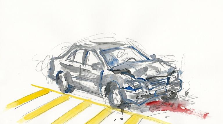 An abstract, flat graphic shows a gray vehicle hitting a person in a crosswalk at an intersection, then speeding away. Comic-style borders frame the somber scene, depicting a fatal hit-and-run event.