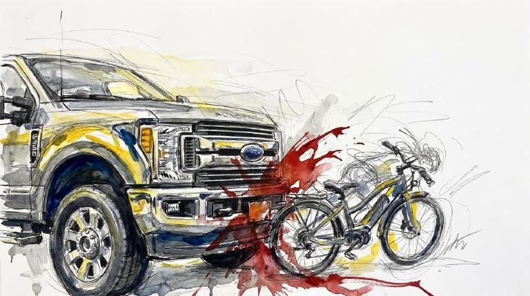 Abstract flat graphic, comic-style borders. At a stylized intersection, a small e-bike icon is overtaken from behind by a larger pickup truck icon, which then moves off-screen. The subdued palette conveys a respectful, somber tone surrounding a fatal