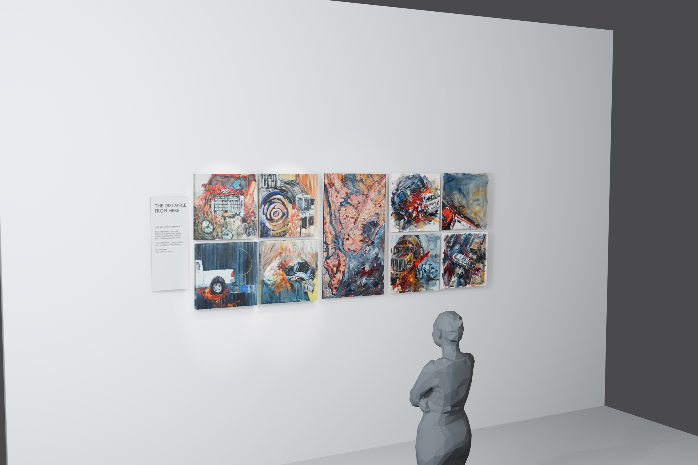 Oblique installation visualization: four original paintings, a tall New York City map, and four projected images on a gallery wall, with a standing figure showing the scale.